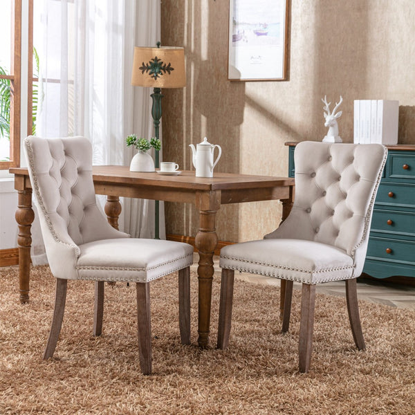 English Elm Nikki Velvet Dining Chairs Set of Two Tufted Nailhead Solid Wood Legs Formal Beige W114381116