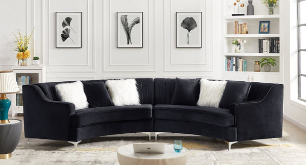 English Elm Black Velvet Curved Loveseat with Foam Cushions and Metal Legs for Modern Living Rooms W308S00075