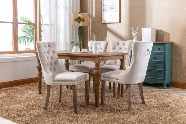 English Elm Nikki Velvet Dining Chairs Set of Two Tufted Nailhead Solid Wood Legs Formal Beige W114381116