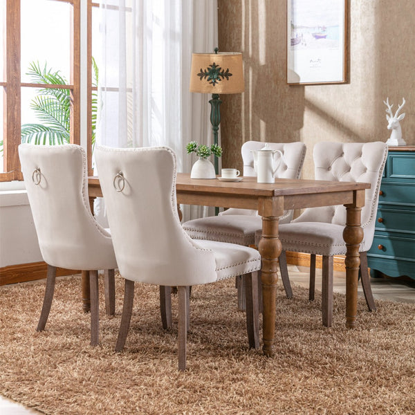 English Elm Nikki Velvet Dining Chairs Set of Two Tufted Nailhead Solid Wood Legs Formal Beige W114381116