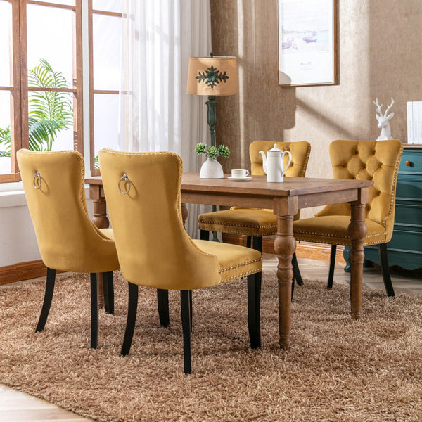 English Elm Nikki Velvet Wingback Dining Chair Set Tufted Brass Nailhead Solid Wood Legs Gold W114381109