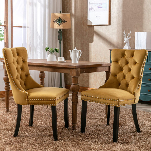 English Elm Nikki Velvet Wingback Dining Chair Set Tufted Brass Nailhead Solid Wood Legs Gold W114381109