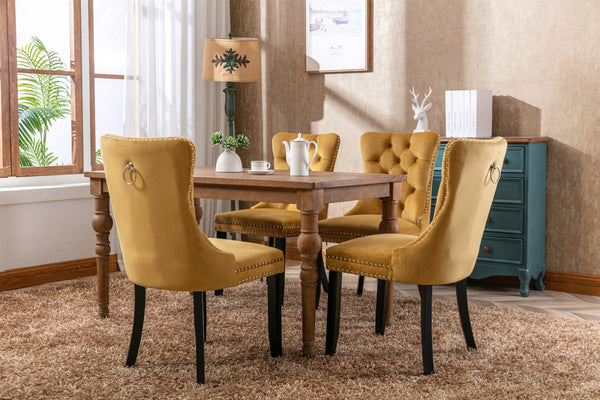 English Elm Nikki Velvet Wingback Dining Chair Set Tufted Brass Nailhead Solid Wood Legs Gold W114381109