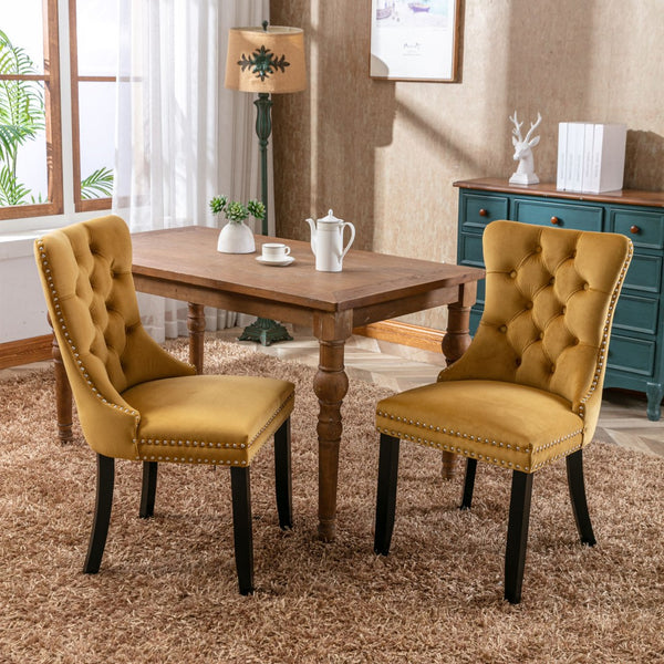 English Elm Nikki Velvet Wingback Dining Chair Set Tufted Brass Nailhead Solid Wood Legs Gold W114381109