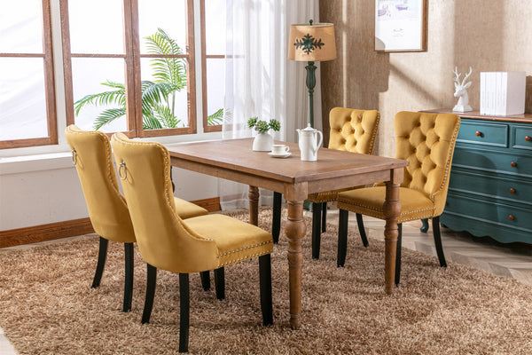 English Elm Nikki Velvet Wingback Dining Chair Set Tufted Brass Nailhead Solid Wood Legs Gold W114381109