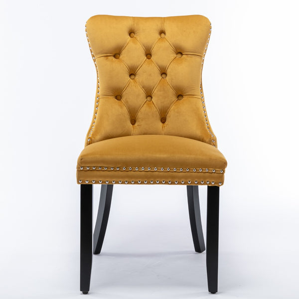 English Elm Nikki Velvet Wingback Dining Chair Set Tufted Brass Nailhead Solid Wood Legs Gold W114381109