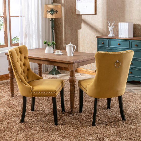 English Elm Nikki Velvet Wingback Dining Chair Set Tufted Brass Nailhead Solid Wood Legs Gold W114381109
