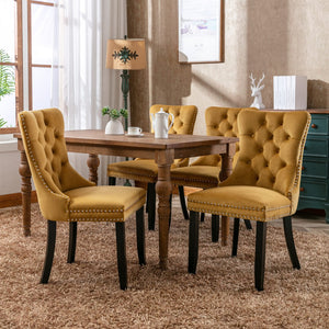 English Elm Nikki Velvet Wingback Dining Chair Set Tufted Brass Nailhead Solid Wood Legs Gold W114381109