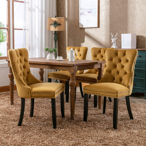English Elm Nikki Velvet Wingback Dining Chair Set Tufted Brass Nailhead Solid Wood Legs Gold W114381109