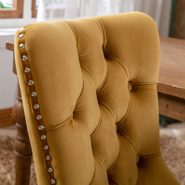English Elm Nikki Velvet Wingback Dining Chair Set Tufted Brass Nailhead Solid Wood Legs Gold W114381109