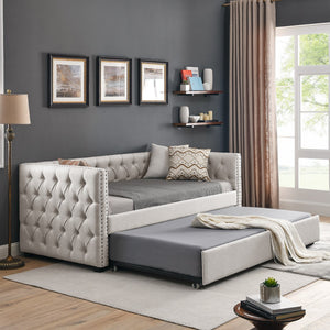 Hearth and Haven Daybed with Trundle Upholstered Tufted Sofa Bed, with Button and Copper Nail On Square Arms, Both Twin Size(85"X42.5"X31.5") W487S00104