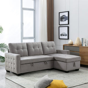 English Elm 77 Reversible 77 Inch Sectional Storage Sleeper Sofa Bed with Pull-Out Guest Bed, Velvet Plush Seating LIGHT GREY W120343142