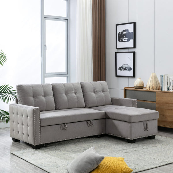 English Elm 77 Reversible 77 Inch Sectional Storage Sleeper Sofa Bed with Pull-Out Guest Bed, Velvet Plush Seating LIGHT GREY W120343142