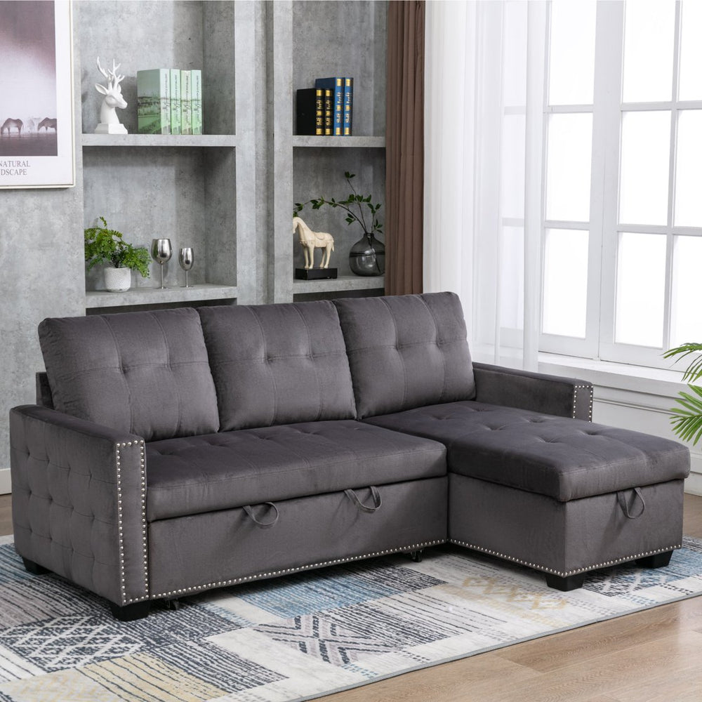 English Elm 77 Reversible 77 Inch Sectional Storage Sleeper Sofa Bed with Pull-Out Guest Bed, Velvet Plush Seating DARK GREY W120343143