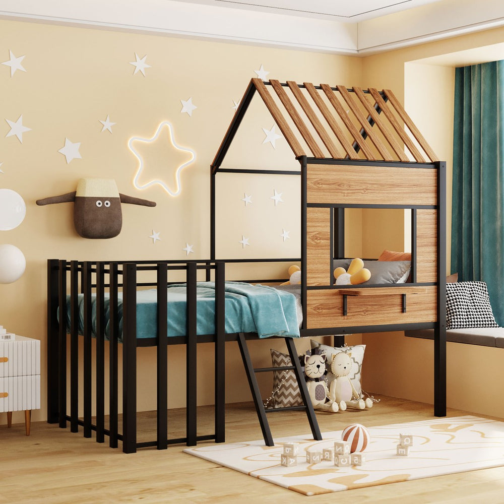 English Elm Metal Twin Loft Bed with Playhouse Roof Window Guardrails and Ladder for Kids LP000801AAB
