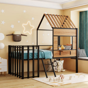 English Elm Metal Twin Loft Bed with Playhouse Roof Window Guardrails and Ladder for Kids LP000801AAB