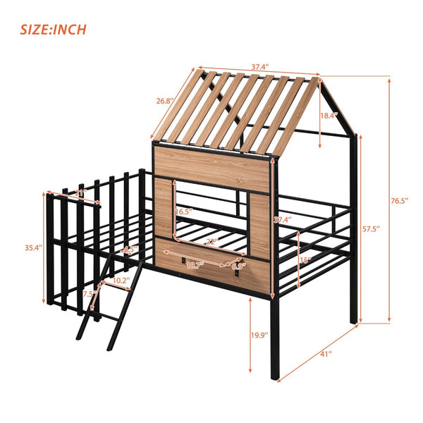 English Elm Metal Twin Loft Bed with Playhouse Roof Window Guardrails and Ladder for Kids LP000801AAB
