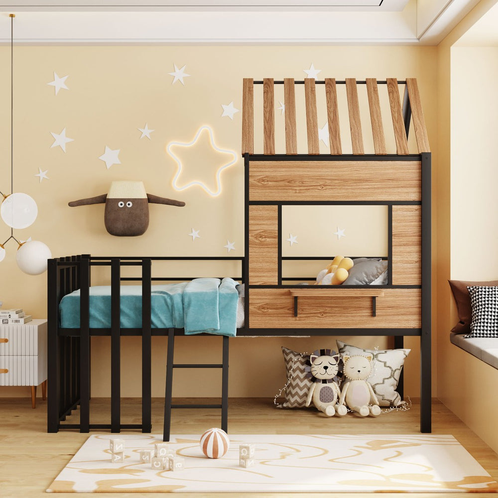English Elm Metal Twin Loft Bed with Playhouse Roof Window Guardrails and Ladder for Kids LP000801AAB