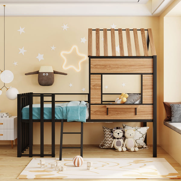 English Elm Metal Twin Loft Bed with Playhouse Roof Window Guardrails and Ladder for Kids LP000801AAB