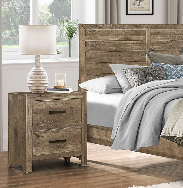 English Elm Bedroom Weathered Pine Nightstand with 2 Drawers, Faux Wood Plank Veneer, Black Nickel Bar Handles, 24" x16.5" x27.5" B01151366