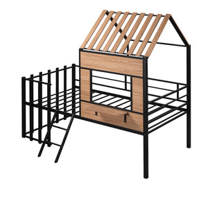 Hearth and Haven Zest Twin Size House-Shaped Loft Bed with Roof, Window, High Guardrail and Low Ladder, Black LP000801AAB