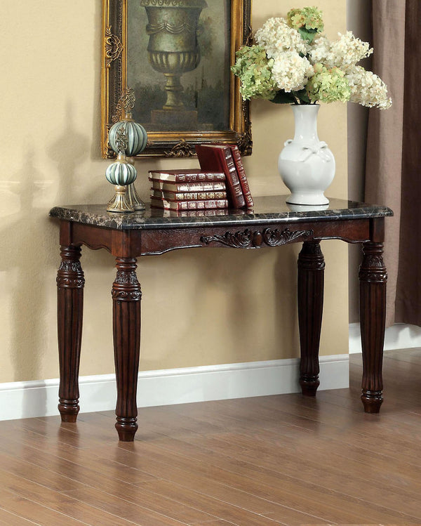 English Elm Traditional Espresso Solid Wood Sofa Table with Faux Marble Top, Intricate Carved Legs, 48"L x 18"W B01151377