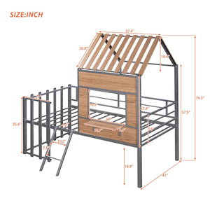 English Elm Metal Twin Loft Bed with Playhouse Roof Window Guardrails and Ladder for Kids LP000801AAN