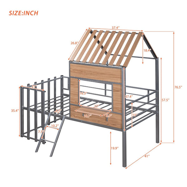 English Elm Metal Twin Loft Bed with Playhouse Roof Window Guardrails and Ladder for Kids LP000801AAN