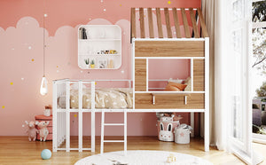 English Elm Metal Twin Loft Bed with Playhouse Roof Window Guardrails and Ladder for Kids LP000801AAK