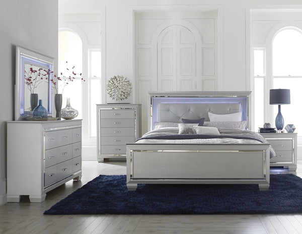 English Elm Silver Allura Queen Bed with LED Tufted Faux Leather Headboard, Mirrored Bevels & Under-Light Glam B011S00152