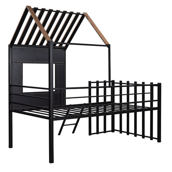English Elm Metal Twin Loft Bed with Playhouse Roof Window Guardrails and Ladder for Kids LP000801AAB