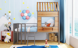 English Elm Metal Twin Loft Bed with Playhouse Roof Window Guardrails and Ladder for Kids LP000801AAN
