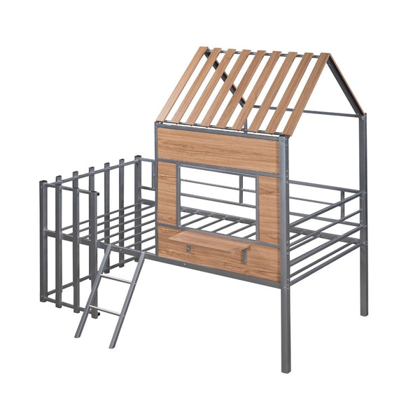 English Elm Metal Twin Loft Bed with Playhouse Roof Window Guardrails and Ladder for Kids LP000801AAN