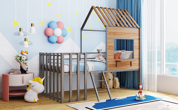 English Elm Metal Twin Loft Bed with Playhouse Roof Window Guardrails and Ladder for Kids LP000801AAN