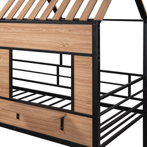 English Elm Metal Twin Loft Bed with Playhouse Roof Window Guardrails and Ladder for Kids LP000801AAB