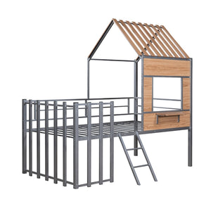 English Elm Metal Twin Loft Bed with Playhouse Roof Window Guardrails and Ladder for Kids LP000801AAN
