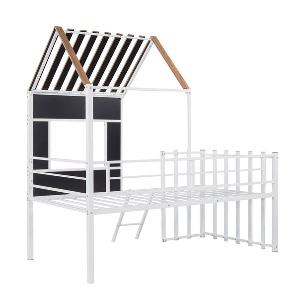 English Elm Metal Twin Loft Bed with Playhouse Roof Window Guardrails and Ladder for Kids LP000801AAK