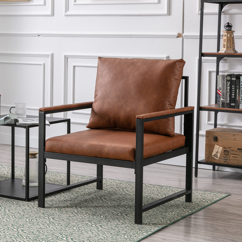 English Elm A&A Modern Faux Leather Accent Chair with Sleek Black Metal Frame — Stylish Compact Living Seat Orange W114342370