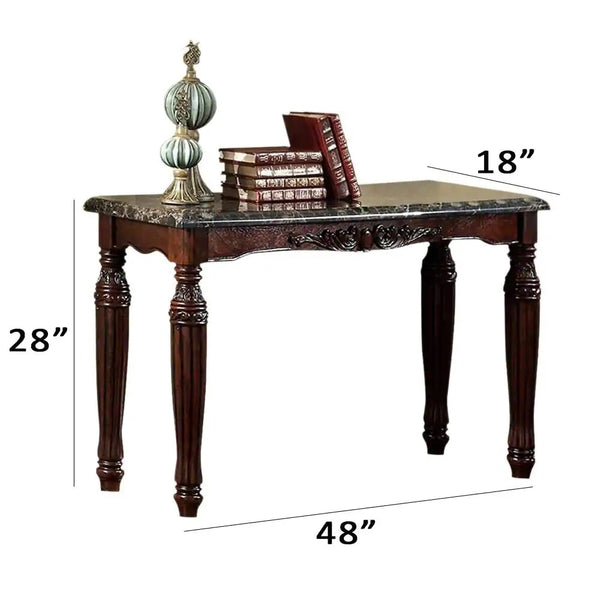 English Elm Traditional Espresso Solid Wood Sofa Table with Faux Marble Top, Intricate Carved Legs, 48"L x 18"W B01151377