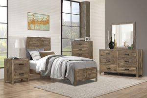 English Elm Weathered pine full bed with modern linear headboard and rustic faux wood veneer for cozy charm Brown Mix 45 L x 36.5 W x 5.25 H B011S01798