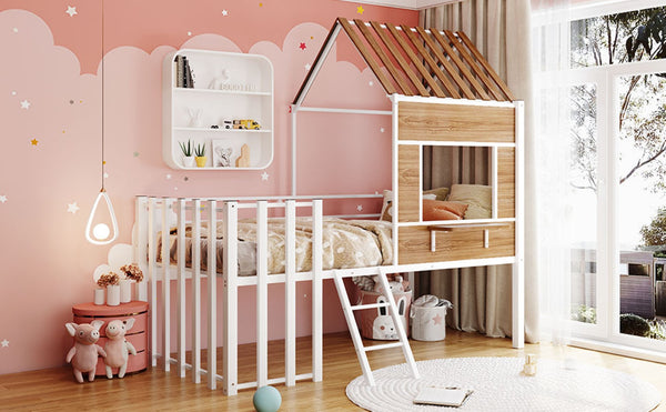 English Elm Metal Twin Loft Bed with Playhouse Roof Window Guardrails and Ladder for Kids LP000801AAK