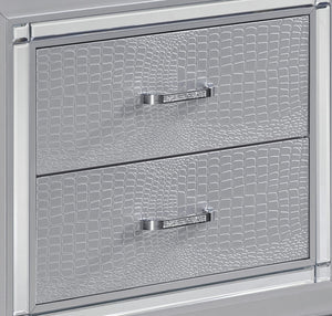 English Elm Glamourous mirrored nightstand with alligator-embossed fronts, crystal hardware and beveled trim Silver 31 L x 20 W x 31.5 H B01151368