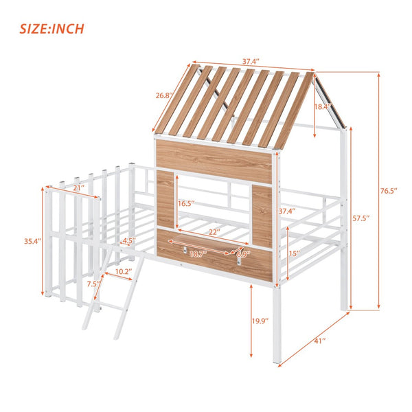 English Elm Metal Twin Loft Bed with Playhouse Roof Window Guardrails and Ladder for Kids LP000801AAK