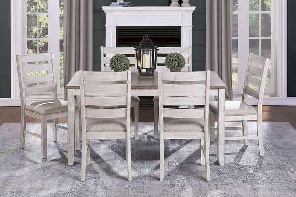 English Elm Grayish 7-Piece Dining Set With Rectangular Table & Upholstered Chairs – Stylish Acacia Finish! B011S00194