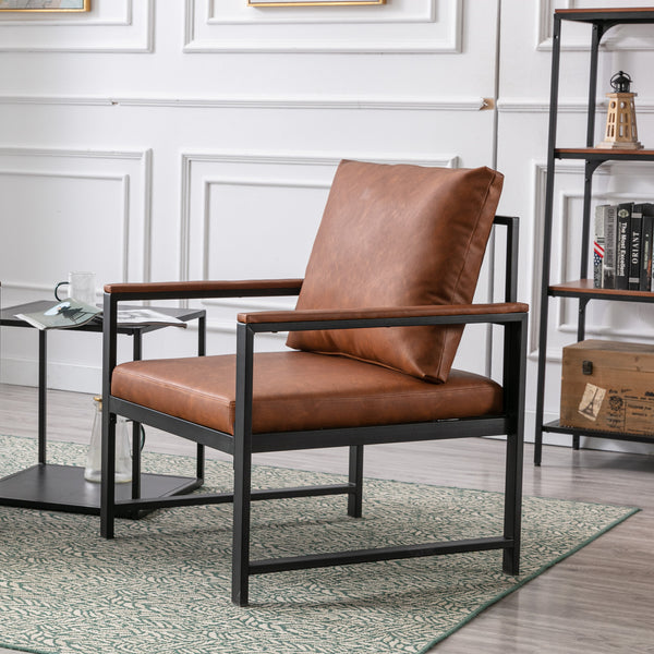 English Elm A&A Modern Faux Leather Accent Chair with Sleek Black Metal Frame — Stylish Compact Living Seat Orange W114342370