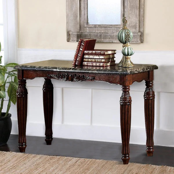 English Elm Traditional Espresso Solid Wood Sofa Table with Faux Marble Top, Intricate Carved Legs, 48"L x 18"W B01151377
