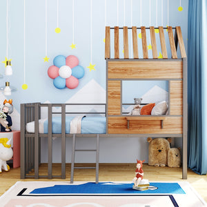 English Elm Metal Twin Loft Bed with Playhouse Roof Window Guardrails and Ladder for Kids LP000801AAN