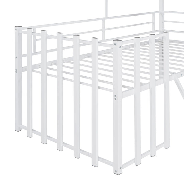 English Elm Metal Twin Loft Bed with Playhouse Roof Window Guardrails and Ladder for Kids LP000801AAK