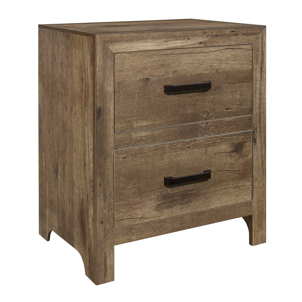 English Elm Bedroom Weathered Pine Nightstand with 2 Drawers, Faux Wood Plank Veneer, Black Nickel Bar Handles, 24" x16.5" x27.5" B01151366