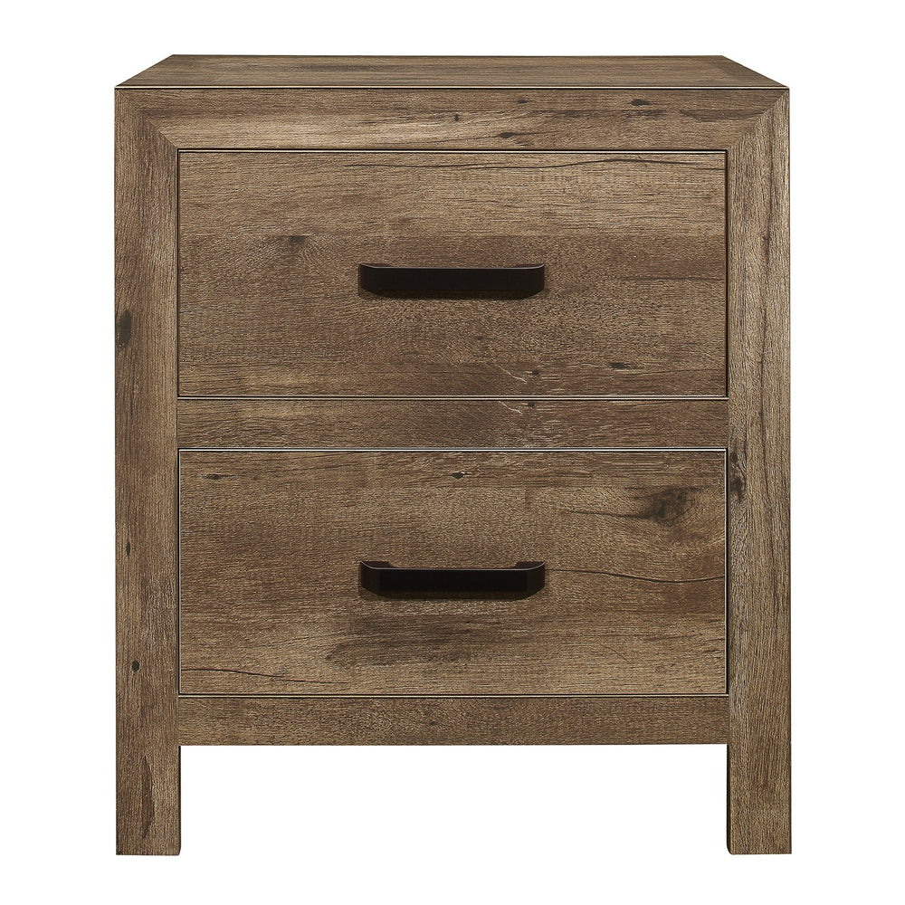 English Elm Bedroom Weathered Pine Nightstand with 2 Drawers, Faux Wood Plank Veneer, Black Nickel Bar Handles, 24" x16.5" x27.5" B01151366